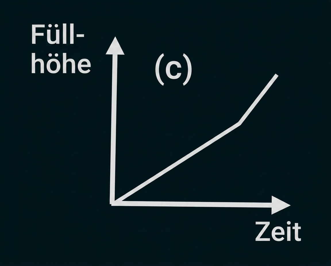 Diagramm mit Füllhöhe über der Zeit, ansteigende Linie.